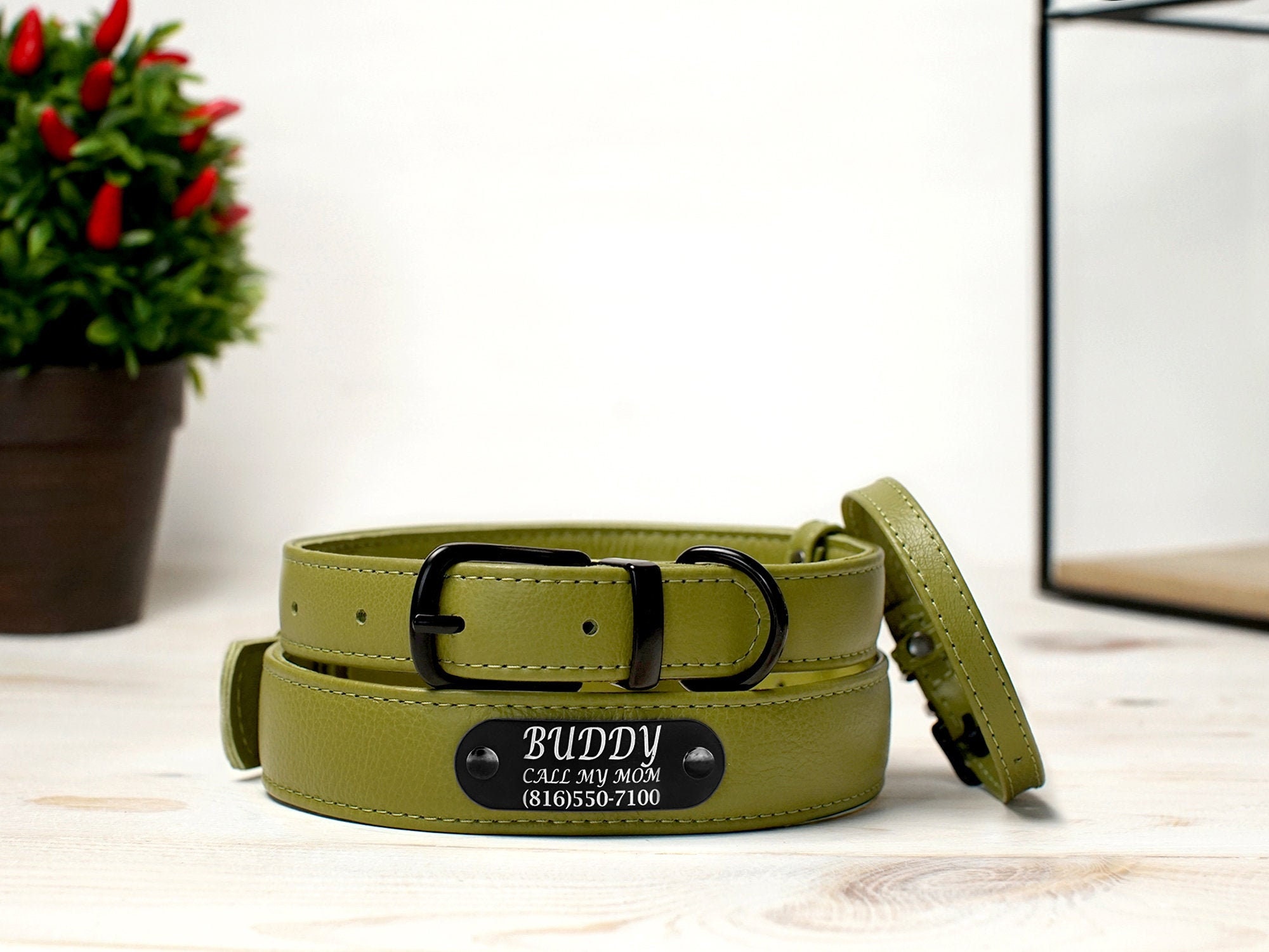 Olive Green Dog Collar Personalized Leather Dog Collar with Etsy