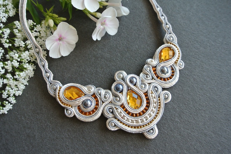 White and gold statement necklace Wedding necklace Bridal jewelry Rhinestone Embroidered necklace Soutache Bohemian Geometric Ornament