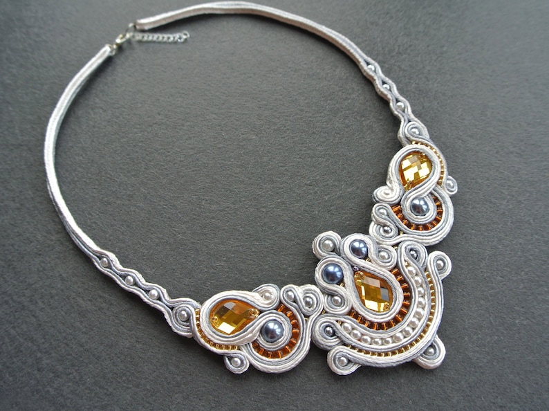 White and gold statement necklace Wedding necklace Bridal jewelry Rhinestone Embroidered necklace Soutache Bohemian Geometric Ornament
