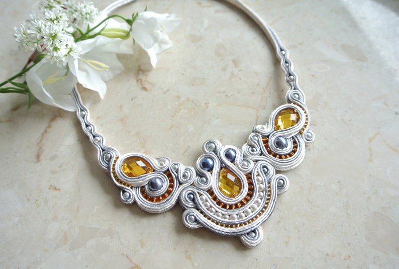 White and gold statement necklace Wedding necklace Bridal jewelry Rhinestone Embroidered necklace Soutache Bohemian Geometric Ornament