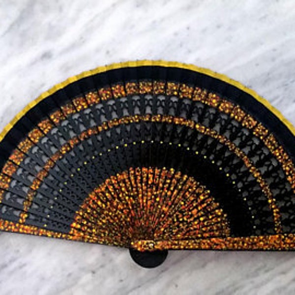 Black folding fan, Hand painted fan, Spanish hand fan, Black and yellow, Free shipping