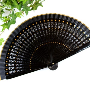 Black and gold, Spanish folding fan, hand painted, free shipping
