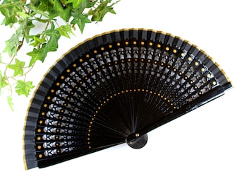 Black and gold, Spanish folding fan, hand painted, free shipping