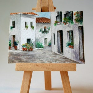ACEO Originele Aquarel, Landschappen van Spanje, Straat van Witte Dorpen van Andalusië, Origineel Miniatuur schilderij, Gratis verzending