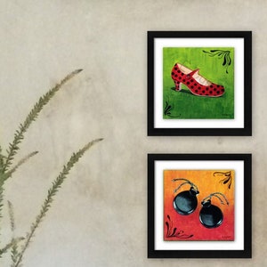 Set aus zwei Originalgemälden, Flamenco-Tanzschuhe und Kastagnetten, spanischer Tanz, Mini-Gemälde, kostenloser Versand