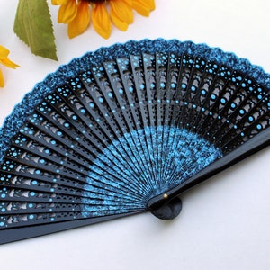 Black and blue, Hand painted folding fan, carved wood, Free shipping
