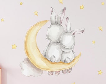 Hasen auf dem Mond V201 Wandtattoo Set Aufkleber Wandsticker Kinderzimmer Babyzimmer Halbmond Hase Osterhase Deko