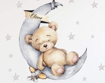 Bär auf dem Mond V300 mit WUNSCHNAME Wandtattoo Kinderzimmer Wandaufkleber Sticker Aufkleber mit Teddy Teddybär Namensaufkleber Name