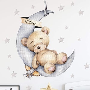 Bear on the Moon V300 with WISHNAME Wall Decal Children's Room Wall Sticker Sticker Sticker with Teddy Teddy Bear Name Sticker Name