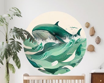 Sticker mural pépinière baleine dans l'océan sticker mural chambre bébé vagues animaux marins ROND V412