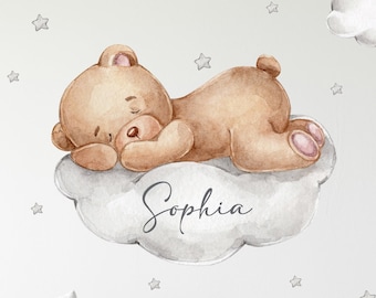 Bear on the cloud with desired name V305 wall sticker children's room wall sticker sticker with stars teddy teddy bear crescent moon name