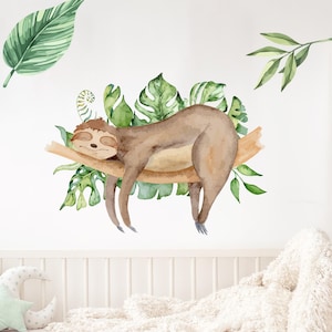 Sloth on the branch with leaves Wall decal Set V232 Sticker Kindergarten Wall Sticker Children's Room Baby Room Sticker Adhesive Film