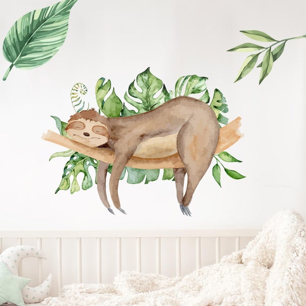 Perezoso en la rama con hojas Calcomanía de pared Set V232 Sticker Kindergarten Wall Sticker Habitación infantil Baby Room Sticker Película adhesiva