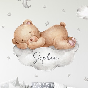 Bear on the Cloud with Desired Name V305 Wall Decal Children's Room Wall Sticker Sticker Sticker with Stars Teddy Bear Crescent Name image 1