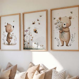 Conjunto de 3 láminas de pared P825 / Oso Abeja / Láminas decorativas para habitación infantil