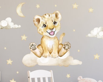Lion on the Cloud V273 Wall Sticker Children's Room Wall Sticker Sticker with Stars Lions Safari Zoo Clouds Lion Cub Baby