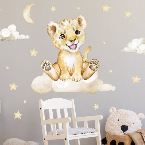 Lion sur le nuage V273 sticker mural chambre d'enfant autocollant mural autocollant avec étoiles Lion Safari Zoo nuages Lion Cub bébé