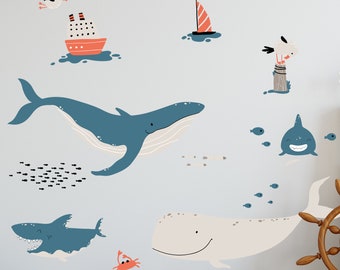 Whale Shark Fish V247 Crab Anchor Sea Creatures Set Ship Wall Decal Sea Friends Wall Sticker Pegatina Habitación infantil Marinero