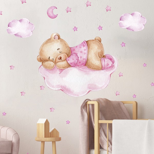 Bear sleeps on the cloud V269 Wall Decal Children's Room Wall Sticker Sticker Sticker with Stars Teddy Bear Girl Pink