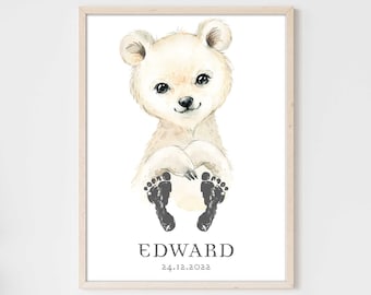 Baby Gift Personalized Poster Premium P762 / Baby Polar Bear / Nursery Decoration Murals Pictures CANVAS Art Print Wall Art Footprint