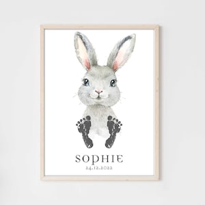 Baby Geschenk Personalisiert Poster Premium P761 / Baby Hase / Kinderzimmer Deko Wandbilder Bilder CANVAS Kunstdruck Wandkunst Fußabdruck