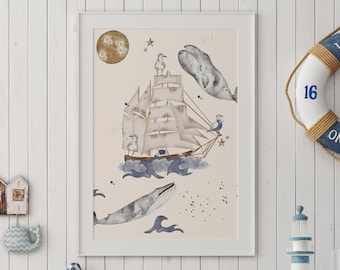 Poster Premium P778 / Maritime whale with ship / children's room decoration wall pictures pictures CANVAS art print wall art