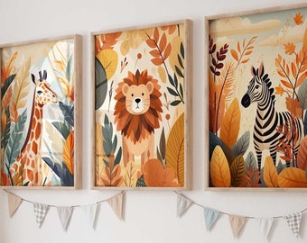Wall Picture Set of 3 Posters P798 / Safari Autumn Adventure Lion Giraffe Zebra / Children&#39;s Room Decoration Wall Pictures Pictures