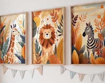 Wandbild 3er Poster Set P798 / Safari Herbst Abenteuer Löwe Giraffe Zebra / Kinderzimmer Deko Wandbilder Bilder