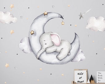 Elefant auf dem Mond V311 Wandtattoo Kinderzimmer Wandaufkleber Sticker Aufkleber mit Sternen Halbmond Rüsseltier Elephant Babyzimmer