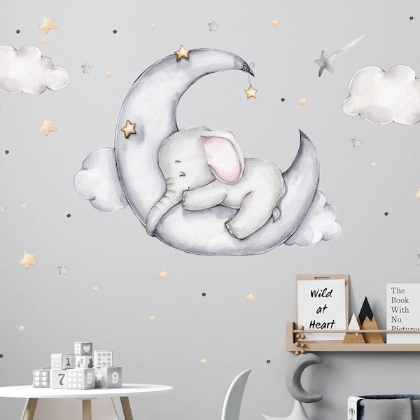 Elephant on the Moon V311 Wall Decal Chambre d’enfants Sticker mural Autocollant autocollant avec étoiles Crescent Proboscis Elephant Baby Room