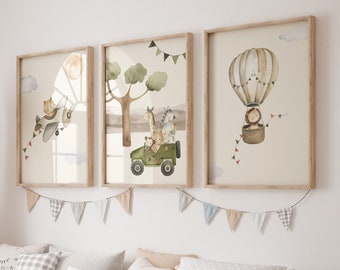 Wall Picture Set of 3 Posters P722 / Safari Adventure Hot Air Balloon Airplane Car / Children&#39;s Room Decoration Wall Pictures Pictures