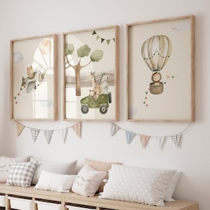 Wall Picture Set of 3 Posters P722 / Safari Adventure Hot Air Balloon Airplane Car / Children's Room Decoration Wall Pictures Pictures image 1