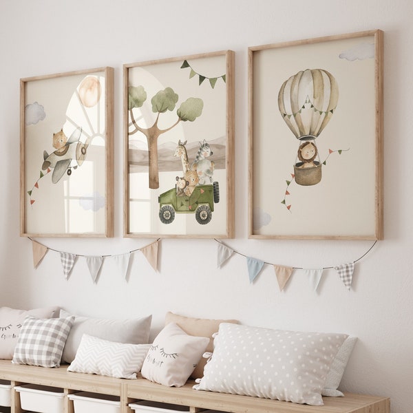 Wall Picture Set of 3 Posters P722 / Safari Adventure Hot Air Balloon Airplane Car / Children's Room Decoration Wall Pictures Pictures