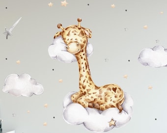 Giraffe on the cloud V312 wall sticker children's room wall sticker sticker with stars baby giraffes safari zoo clouds giraffe cow