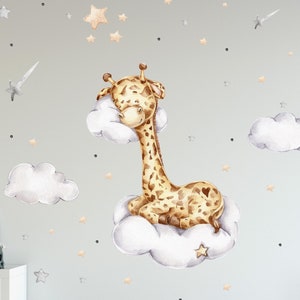 Giraffe on the cloud V312 wall sticker children&#39;s room wall sticker sticker with stars baby giraffes safari zoo clouds giraffe cow