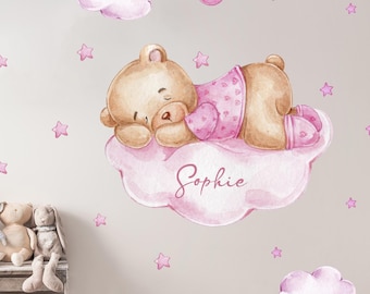 Pink bear on the cloud V362 with desired name wall sticker children's room wall sticker sticker teddy bear personalizable name