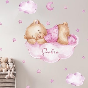 Orso rosa sulla nuvola V362 con nome desiderato Decalcomania murale Adesivo adesivo per camera dei bambini Adesivo Teddy Bear Nome personalizzabile immagine 1