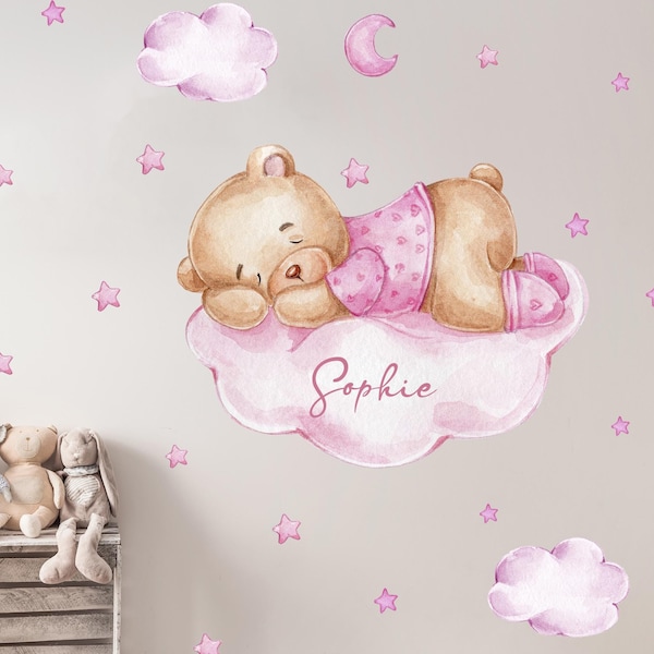 Orso rosa sulla nuvola V362 con nome desiderato Decalcomania murale Adesivo adesivo per camera dei bambini Adesivo Teddy Bear Nome personalizzabile