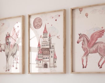 Wandbild 3er Poster Set P802 / Einhorn Schloss / Kinderzimmer Deko Unicorn Pegasus Wandbilder Bilder