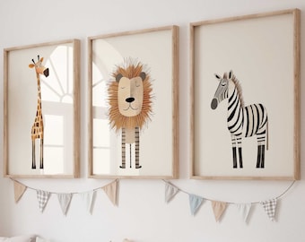Wall Picture Set of 3 Posters P787 / Safari Adventure Giraffe Lion Zebra / Children&#39;s Room Decoration Wall Pictures Pictures