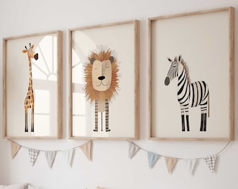 Muurfoto set van 3 posters P787 / Safari Avontuur Giraffe Leeuw Zebra / Kinderkamer Decoratie Muurfoto's Foto's