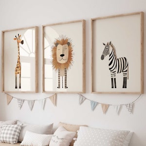 Póster de pared, juego de 3 piezas, P787, Safari, aventura, jirafa, león, cebra, decoración de habitación infantil, imágenes de pared