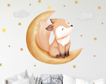Fox on the Moon V254 Wall Decal Nursery Wall Sticker Sticker Stickers with Stars and Clouds Sleepy Eyes Cloud