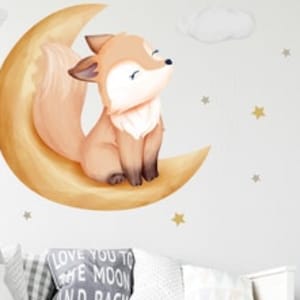 Fox on the Moon V254 Décalcomanie murale Chambre des enfants Autocollants muraux Autocollants avec étoiles et nuages Yeux endormis Cloud Chambre bébé image 1