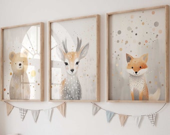 Wall picture 3-piece poster set P797 / forest animals adventure bear fox deer polka dots / children&#39;s room decoration wall pictures