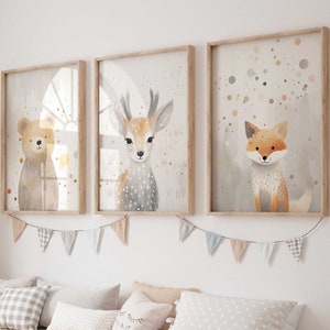 Wandbild 3er Poster Set P797 / Waldtiere Abenteuer Bär Fuchs Reh Polka Dots / Kinderzimmer Deko Wandbilder Bilder Bild 1