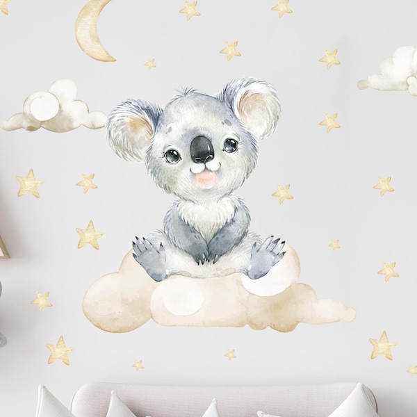 Koala sur le nuage V340 Wall Decal Décoration de chambre pour enfants Autocollant mural Autocollant avec étoiles Koala Bear Safari Zoo Clouds Baby