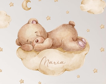 Bear on the cloud V346 wall sticker children&#39;s room wall sticker sticker with stars teddy teddy bear crescent