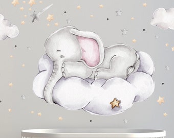 Elephant on the Cloud V316 Wall Decal Chambre d’enfants Sticker mural Autocollants avec étoiles Feuille murale Proboscis Elephant Baby Room