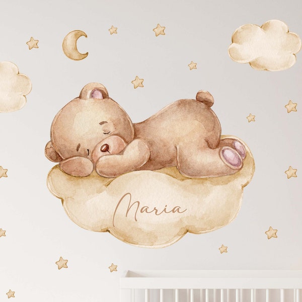 Bär auf der Wolke V346 Wandtattoo Kinderzimmer Wandaufkleber Sticker Aufkleber mit Sternen Teddy Teddybär Halbmond